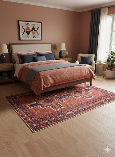 5' x 7' multi color traditional geometric area rug styled in a cozy bedroom with a wood bed frame, layered bedding in warm tones, soft ambient lighting, and light wood flooring.