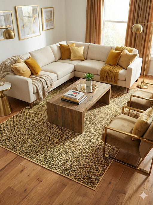 5' x 7' mustard and charcoal black geometric textured rectangular area rug styled in a warm living room with a sectional sofa and wood flooring.