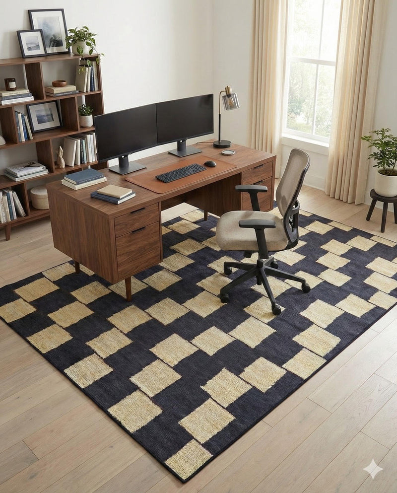 5' x 7' navy and warm ivory washable checkered area rug placed in a modern home office with a wood desk, dual monitors, and minimal décor.