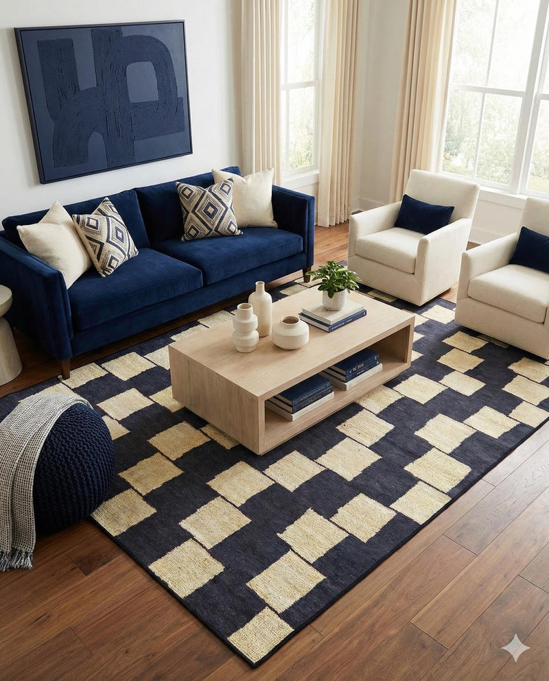 5' x 7' navy and warm ivory washable checkered area rug styled in a contemporary living room with a navy sofa, light armchairs, and a neutral wood coffee table.