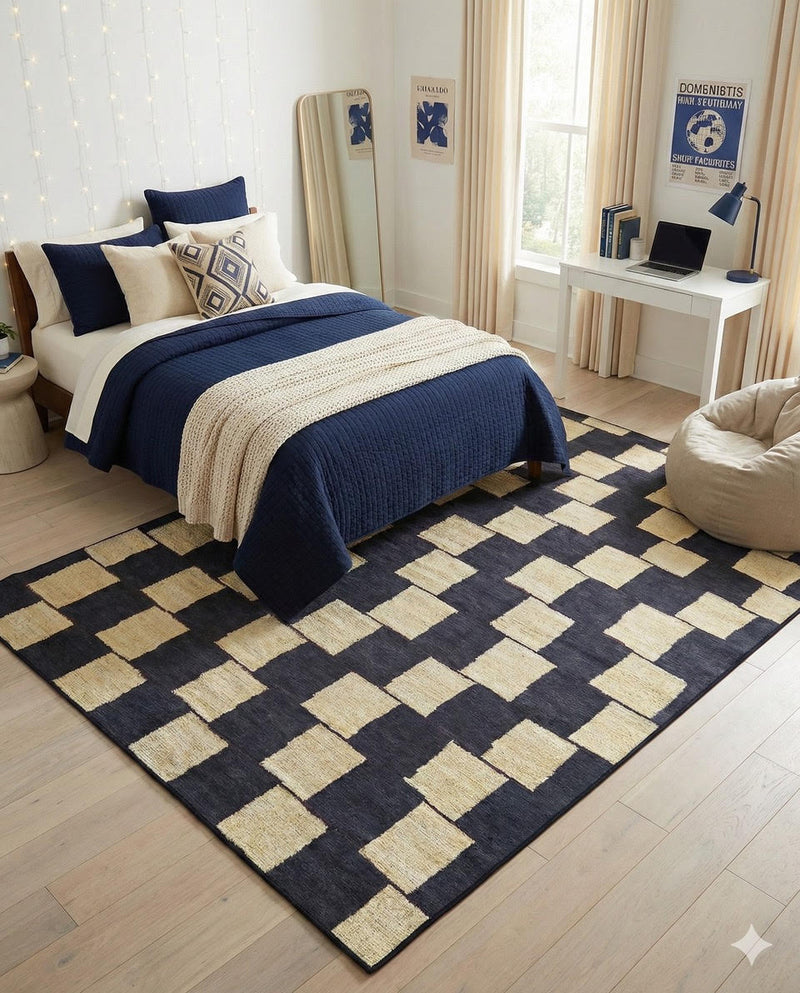 5' x 7' navy and warm ivory washable checkered area rug styled in a cozy bedroom with navy bedding, neutral pillows, and soft natural light.