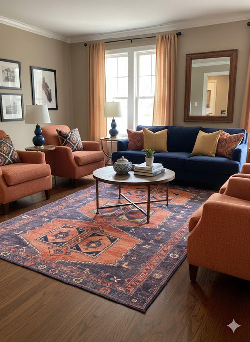 5' x 7' navy blue and rust southwestern geometric rectangular area rug styled in a cozy living room with warm-toned seating and wood flooring.