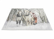 5' x 7' neutral gray, cream & taupe winter wildlife rectangular area rug featuring a snowy forest scene with horses and a vintage sleigh on a clean white background.