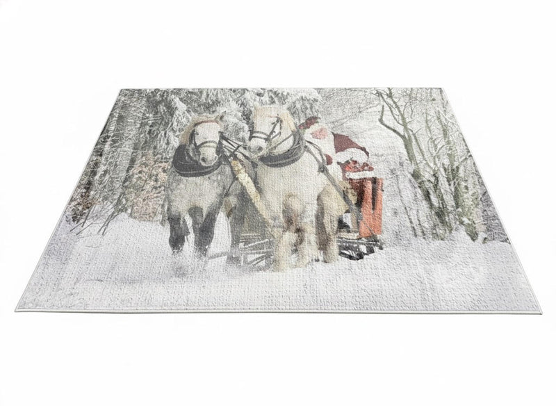 5' x 7' neutral gray, cream & taupe winter wildlife rectangular area rug featuring a snowy forest scene with horses and a vintage sleigh on a clean white background.