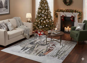 5' x 7' neutral gray, cream & taupe winter wildlife rectangular area rug styled in a cozy holiday living room with a sofa, accent chair, decorated Christmas tree, and warm wood flooring.