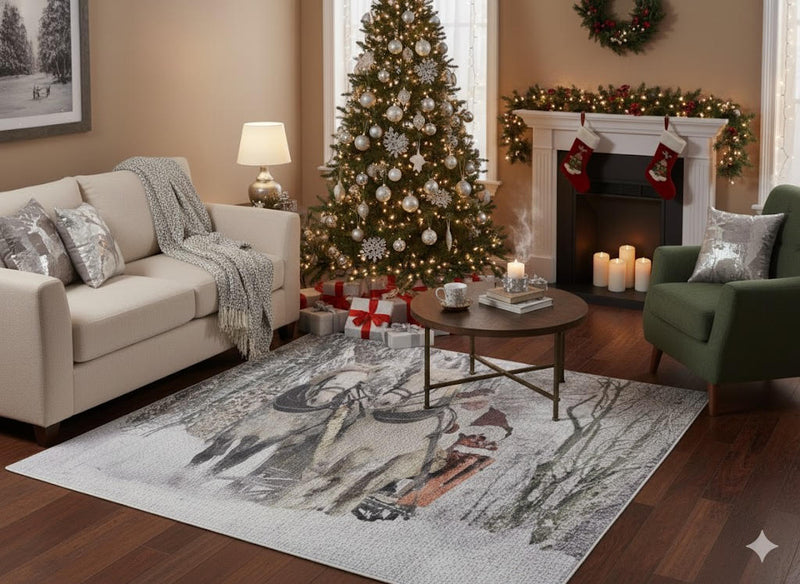 5' x 7' neutral gray, cream & taupe winter wildlife rectangular area rug styled in a cozy holiday living room with a sofa, accent chair, decorated Christmas tree, and warm wood flooring.