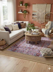 5' x 7' purple tonal modern abstract rectangular area rug styled in a softly lit contemporary living space with clean lines and neutral flooring.