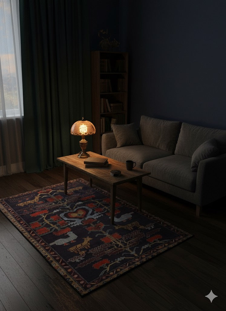 5' x 7' rectangular multi color folk floral area rug styled in a cozy living room with a low sofa, wooden coffee table, and soft accent lighting on dark flooring.