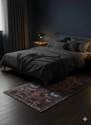5' x 7' rectangular multi color folk floral area rug styled in a dark modern bedroom with layered charcoal bedding, soft ambient lighting, and deep-toned wood floors.