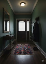 5' x 7' rectangular multi color folk floral area rug styled in a moody entry hallway with dark green walls, a narrow console table, and warm wood flooring.