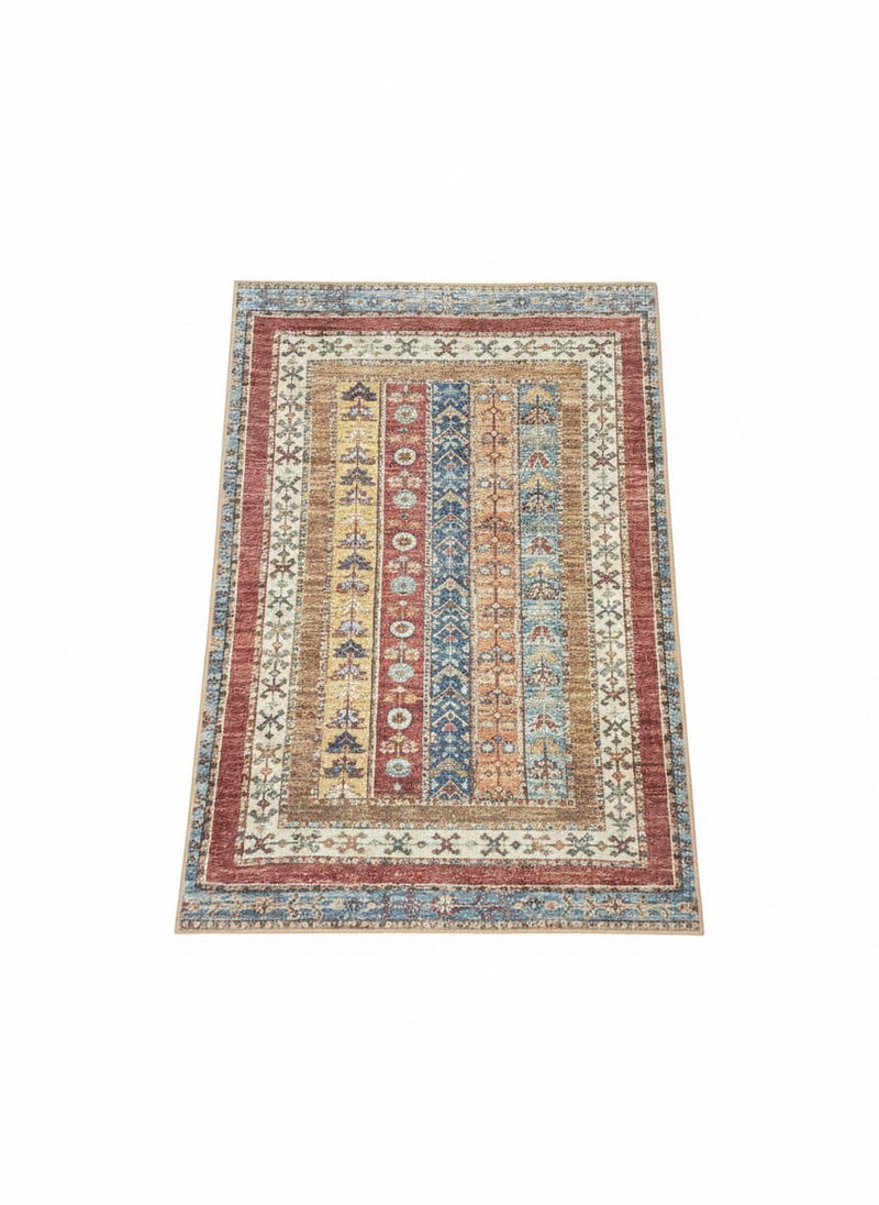 5' x 7' rectangular multicolor geometric distressed traditional area rug featuring layered stripe motifs and a bordered design on a clean white background.