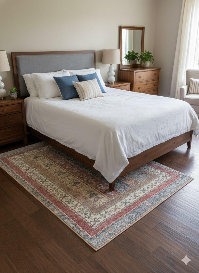 5' x 7' rectangular multicolor geometric distressed traditional area rug placed in a bright bedroom beneath a wooden bed with neutral bedding and dark wood flooring.