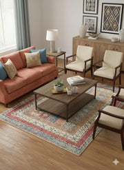 5' x 7' rectangular multicolor geometric distressed traditional area rug styled in a cozy living room with a warm-toned sofa, accent chairs, and wood flooring.