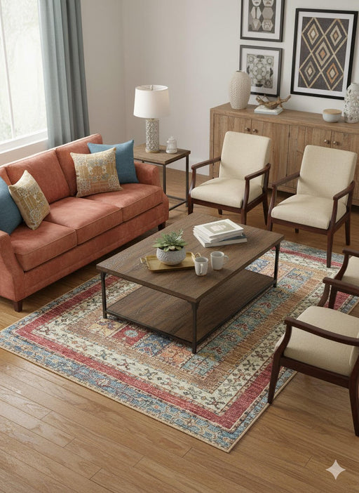 5' x 7' rectangular multicolor geometric distressed traditional area rug styled in a cozy living room with a warm-toned sofa, accent chairs, and wood flooring.