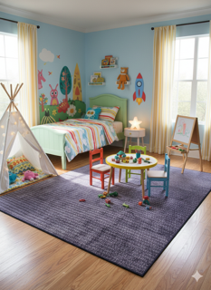 5' x 7' rectangular muted purple solid textured modern area rug styled in a serene bedroom with soft lighting and dark wood floors.