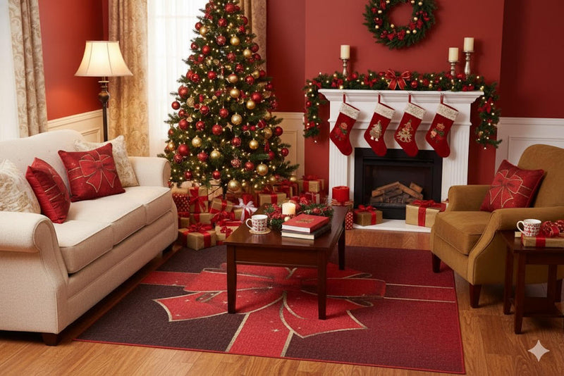 5' x 7' red and gold Christmas poinsettia area rug styled in a festive living room with a decorated Christmas tree, stockings on the fireplace, and wrapped holiday gifts.