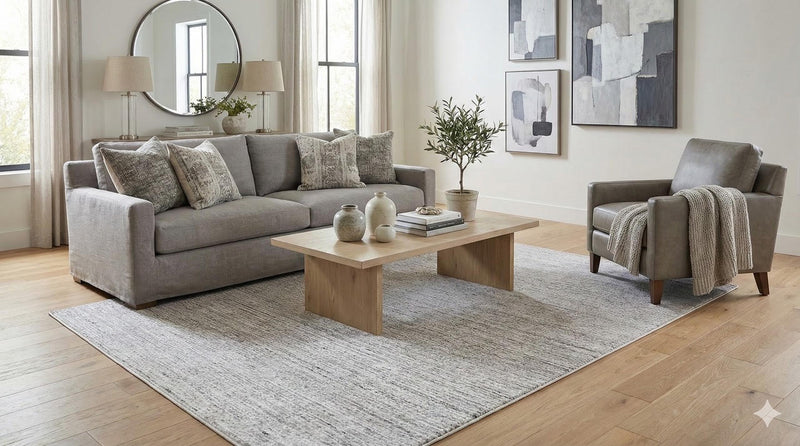 5' x 7' soft gray ivory washable heathered solid area rug styled in a modern living room with a neutral sofa, light wood coffee table, and minimalist décor.