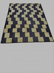 5' x 7' washable area rug featuring a bold navy background with warm ivory checkered squares in a modern geometric pattern.