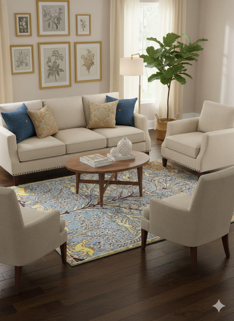 5' x 8' Blue Cream Soft Yellow Floral Traditional Area Rug placed in a bright living room with a beige sofa, accent chairs, and a round coffee table.