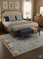 5' x 8' Blue Cream Soft Yellow Floral Traditional Area Rug  placed in a serene bedroom with neutral bedding, soft natural lighting, and a calm ambiance.