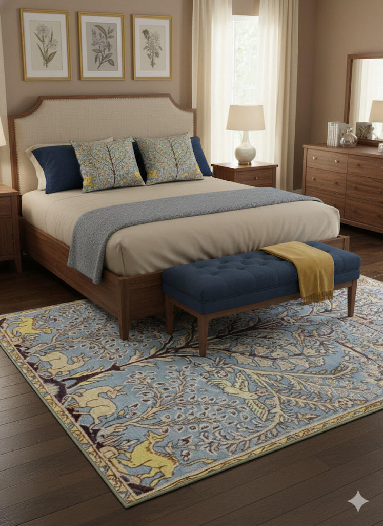 5' x 8' Blue Cream Soft Yellow Floral Traditional Area Rug  placed in a serene bedroom with neutral bedding, soft natural lighting, and a calm ambiance.