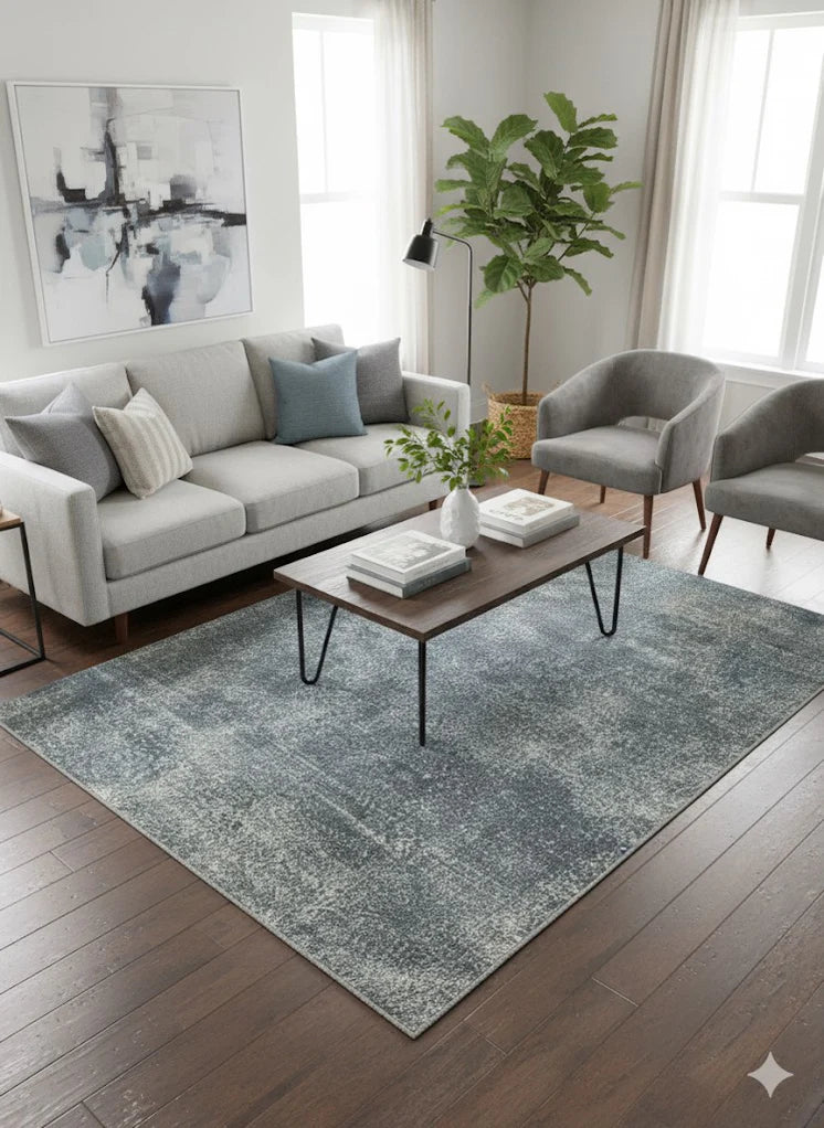 5' x 8' Blue Gray Ivory Solid Modern Rectangular Area Rug styled in a cozy living room seating area.