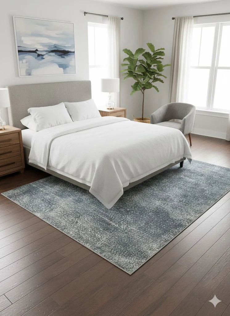 5' x 8' Blue Gray Ivory Solid Modern Rectangular Area Rug styled in an elegant bedroom with wood nightstands.