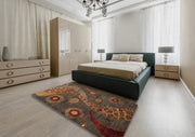 5' x 8' Dark Gold Brown Multi Color Abstract Oriental Area Rug styled in a bedroom setting, demonstrating how the warm brown and gold tones complement neutral furniture.