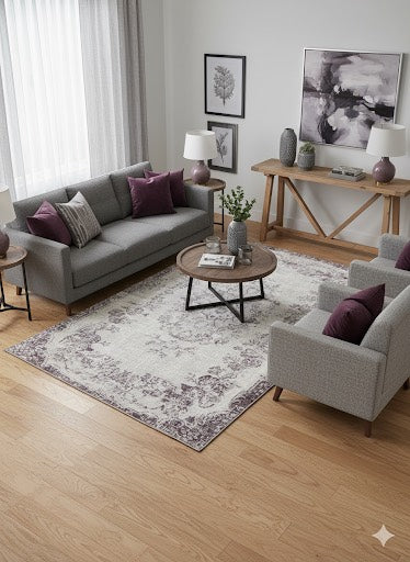 5' x 8' Ivory & Gray Charcoal Distressed Floral Traditional Rectangular Area Rug placed in a cozy living room beneath a round coffee table with neutral seating.