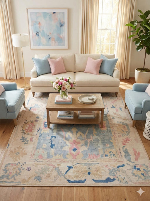 5' x 8' Light Blue Multi Color Pastel Distressed Area Rug placed in a cozy living room with pastel-colored furniture and vibrant throw pillows.