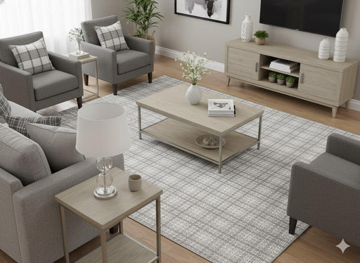 5' x 8' Light Gray Ivory Soft Beige Textured Grid Modern Rectangular Area Rug placed in a cozy living room with light wood flooring and natural light streaming through the windows.