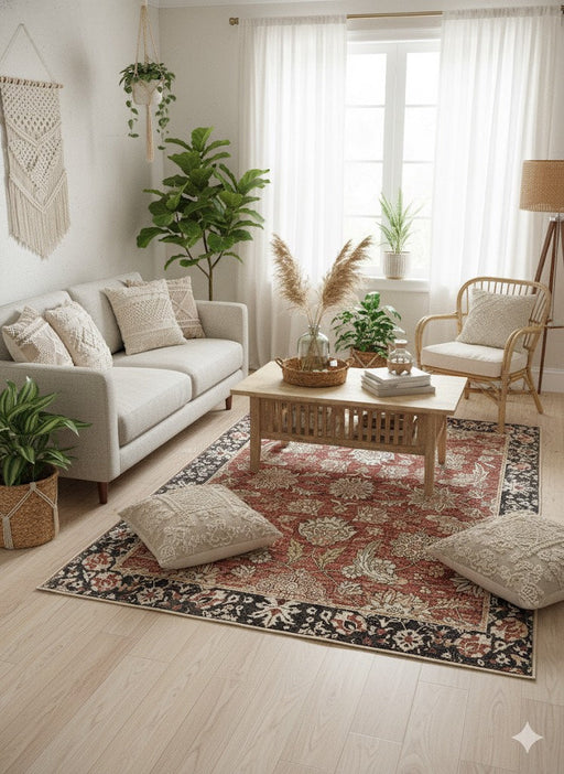 5' x 8' Multi Color Floral Medallion Traditional Rectangular Area Rug placed in a cozy living room with indoor plants, white sofa, light wood flooring and natural light 
streaming through the windows.