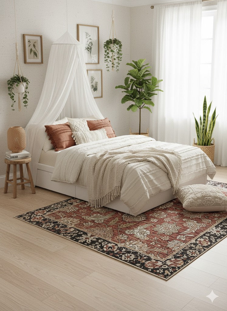 5' x 8' Multi Color Floral Medallion Traditional Rectangular Area Rug placed in a serene bedroom with neutral bedding, soft natural lighting, and a calm ambiance.