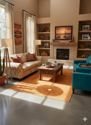 5' x 8' Rectangle Gold Rust Brown Ivory Tribal Minimalist Area Rug styled in a warm Southwestern-inspired living room with rustic wood furniture, patterned pillows, and teal accent chairs.