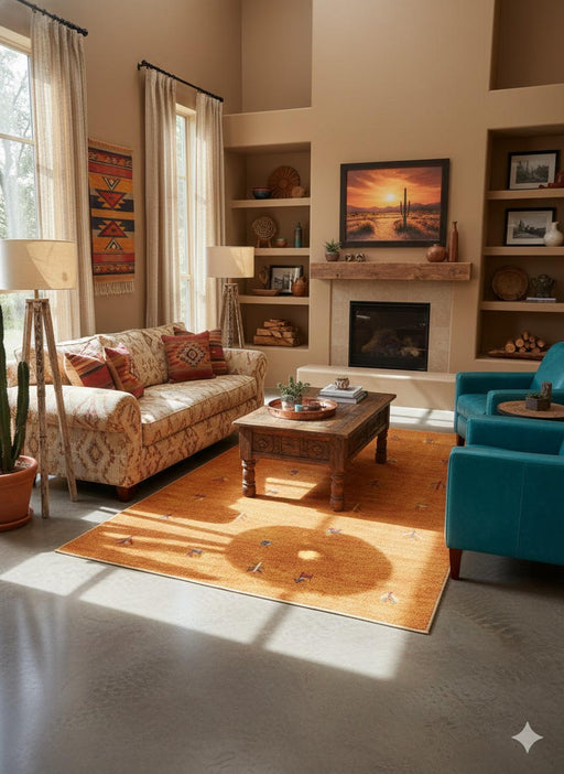 5' x 8' Rectangle Gold Rust Brown Ivory Tribal Minimalist Area Rug styled in a warm Southwestern-inspired living room with rustic wood furniture, patterned pillows, and teal accent chairs.
