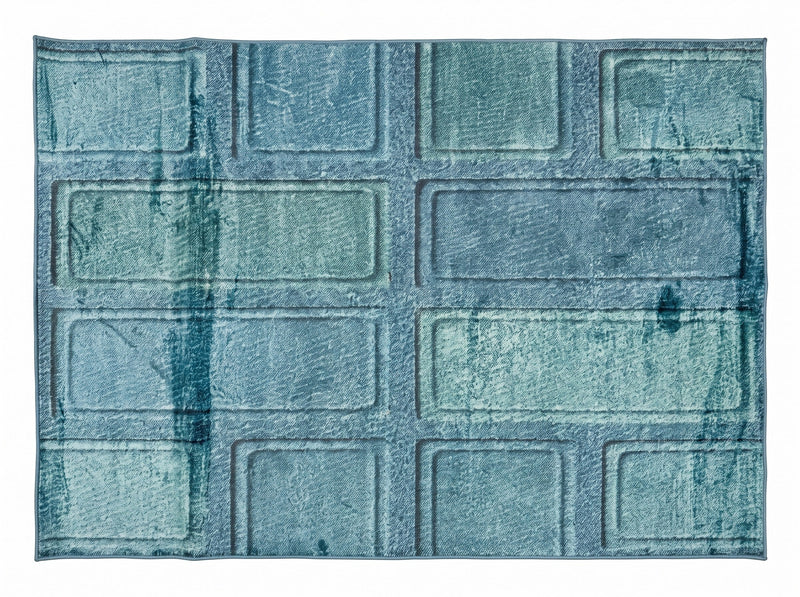 5' x 8' Rectangular Aqua Blue & Teal Distressed Geometric Rectangular Grid Modern Contemporary Area Rug featuring layered rectangular outlines, a faded textured finish, and contrasting teal accents.