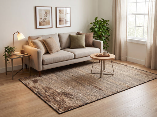 5' x 8' Rectangular Beige & Dark Brown Distressed Linear Striped Modern Contemporary Area Rug styled in a living room with a beige sofa and round wooden coffee table.