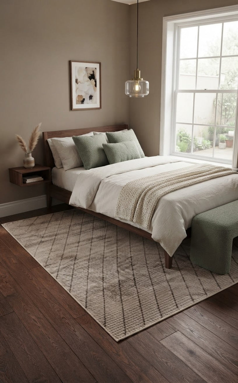 5' x 8' Rectangular Beige & Gray Diagonal Striped Modern Minimalist Area Rug placed in a bedroom with a wooden bed and white bedding.