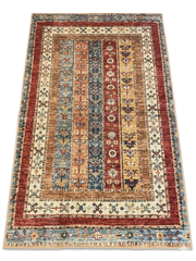 5' x 8' Rectangular Beige Multicolor Striped Floral Traditional Area Rug isolated on a white background.