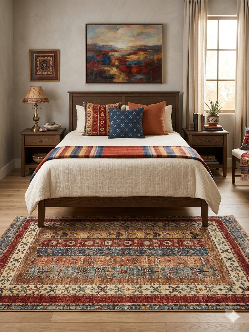 5' x 8' Rectangular Beige Multicolor Striped Floral Traditional Area Rug placed in a cozy bedroom with warm wood furniture and Southwestern-inspired accents.