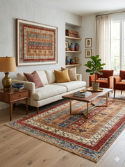 5' x 8' Rectangular Beige Multicolor Striped Floral Traditional Area Rug showcased in a welcoming living room with neutral seating and colorful traditional accents.