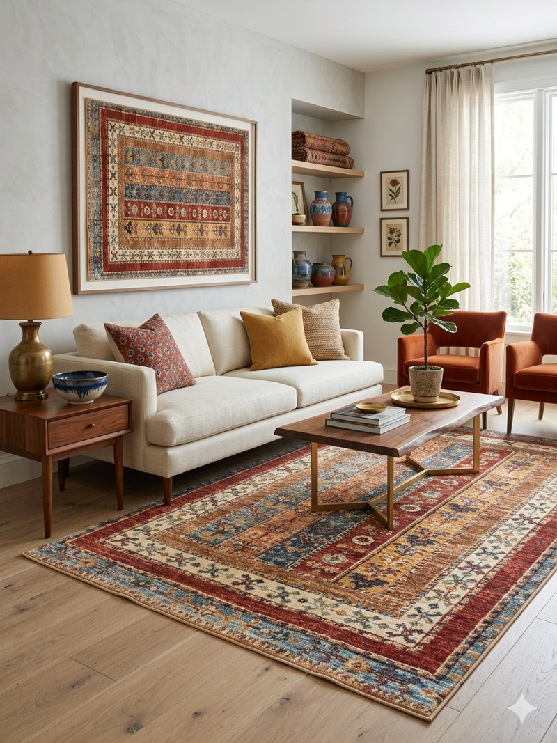 5' x 8' Rectangular Beige Multicolor Striped Floral Traditional Area Rug showcased in a welcoming living room with neutral seating and colorful traditional accents.