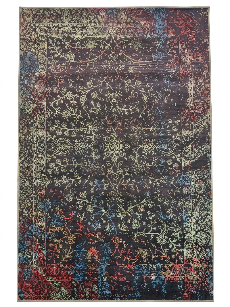 5' x 8' Rectangular Black Multi Color Distressed Ornate Vintage Traditional Area Rug isolated on a white background.