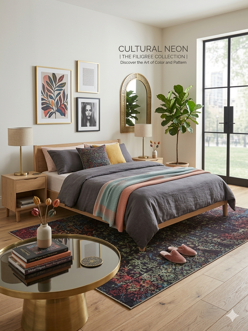 5' x 8' Rectangular Black Multi Color Distressed Ornate Vintage Traditional Area Rug styled in a bedroom.