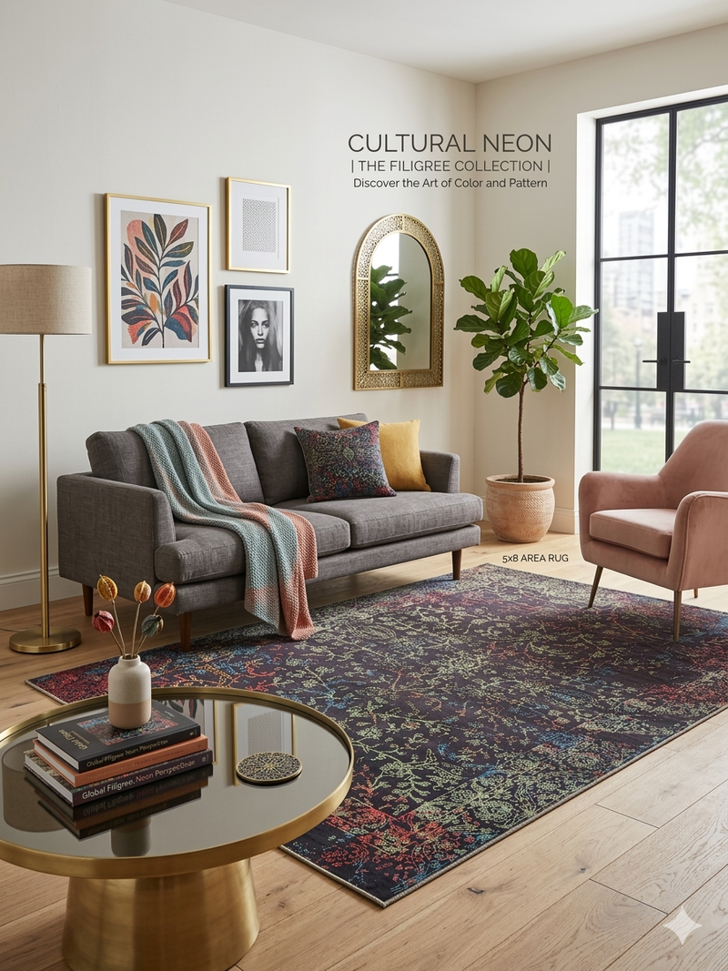 5' x 8' Rectangular Black Multi Color Distressed Ornate Vintage Traditional Area Rug styled in a living room.