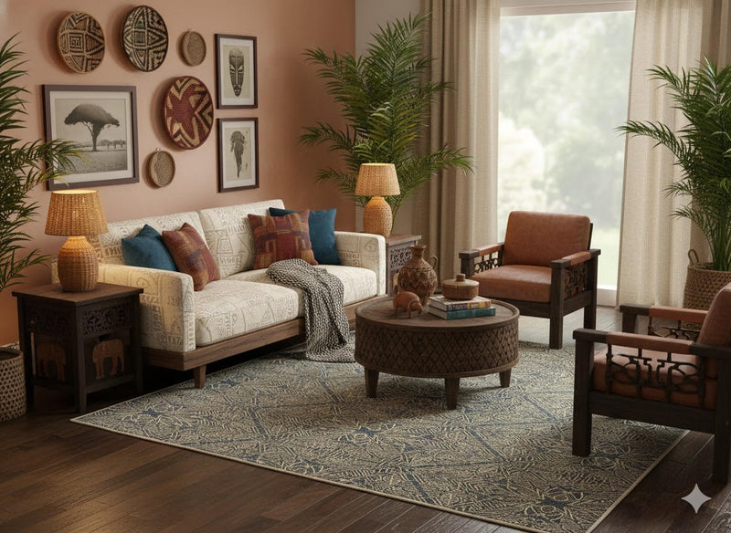 5' x 8' Rectangular Blue Beige Ivory Geometric Tribal Area Rug styled in a cozy living room highlighting the intricate tribal pattern and soft neutral tones.