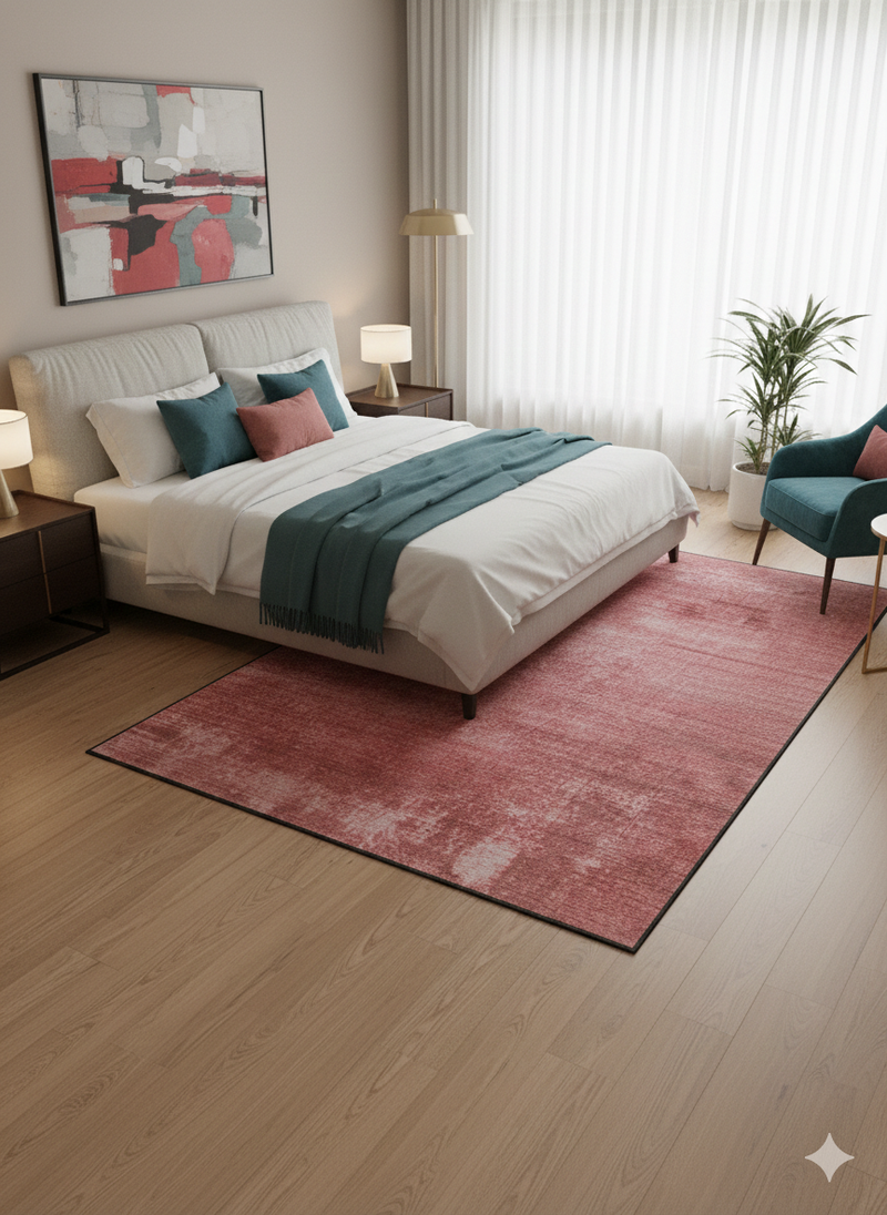 5' x 8' Rectangular Blush Pink Distressed Modern Area Rug placed in a cozy bedroom setting.