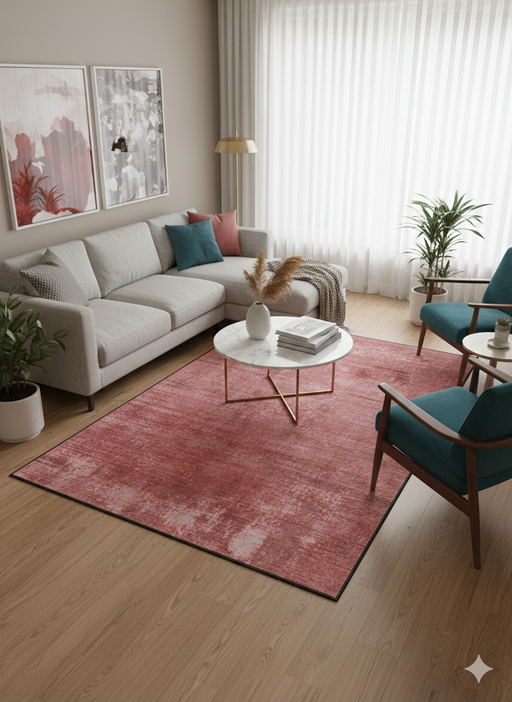 5' x 8' Rectangular Blush Pink Distressed Modern Area Rug styled in a contemporary living room.