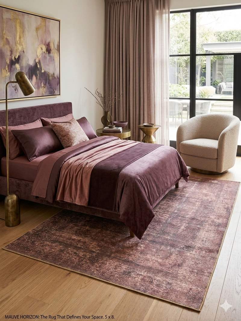 5' x 8' Rectangular Brown Beige Distressed Modern Abstract Area Rug displayed in a bedroom beneath a bed with coordinated mauve bedding.