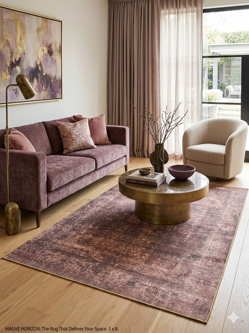5' x 8' Rectangular Brown Beige Distressed Modern Abstract Area Rug styled in a contemporary living room with mauve sofa and round brass coffee table.